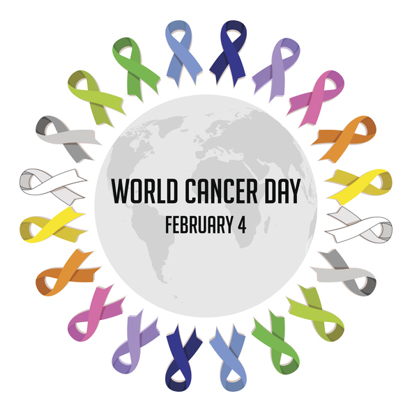 Die bunten Symbolschleifen für jede Krebsart sind um einen Kreis platziert, in der Mitte steht World Cancer Day February 4.