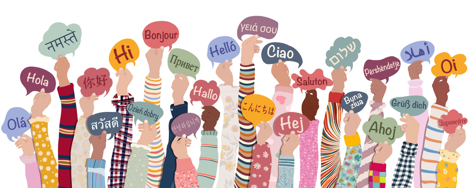 Many hands raised of diverse and multicultural children and teens holding speech bubbles with text -hallo- in various international languages. Diversity kids. Racial equality. Friendship