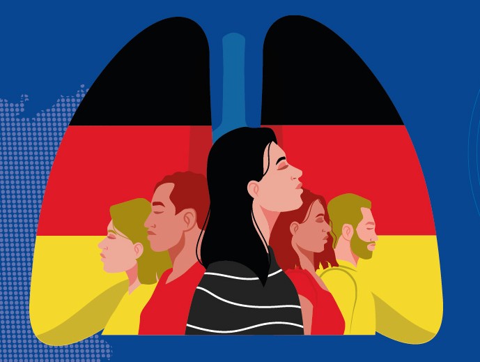 Männer und Frauen in Profilansicht ab Oberkörper, Blickrichtung nach links oder rechts, vor Lungenflügeln im Hintergrund, die in Schwarz, Rot, Gold gestreift sind.