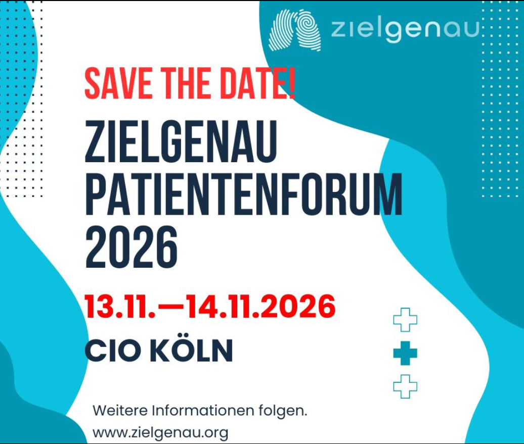 Infografik zum Save the Date: zielGENau-Patientenforum 13.–14. November 2026 im CIO Köln