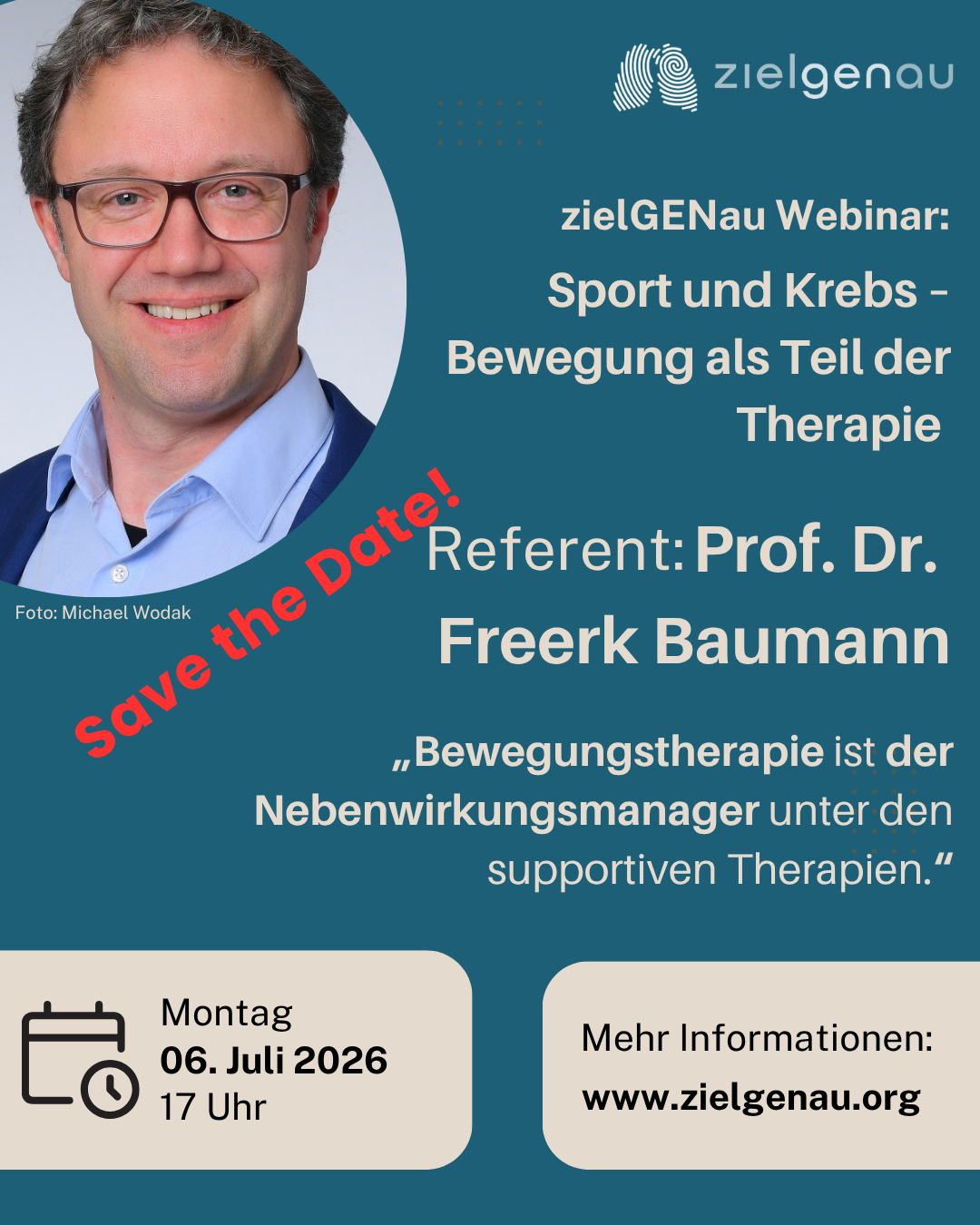In Canva erstelltes Bild mit allen wichtigen Infos zum Webinar und einem Bild von Prof. Baumann.